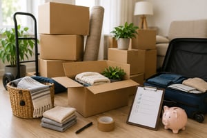 moving boxes with a piggy bank on the floor