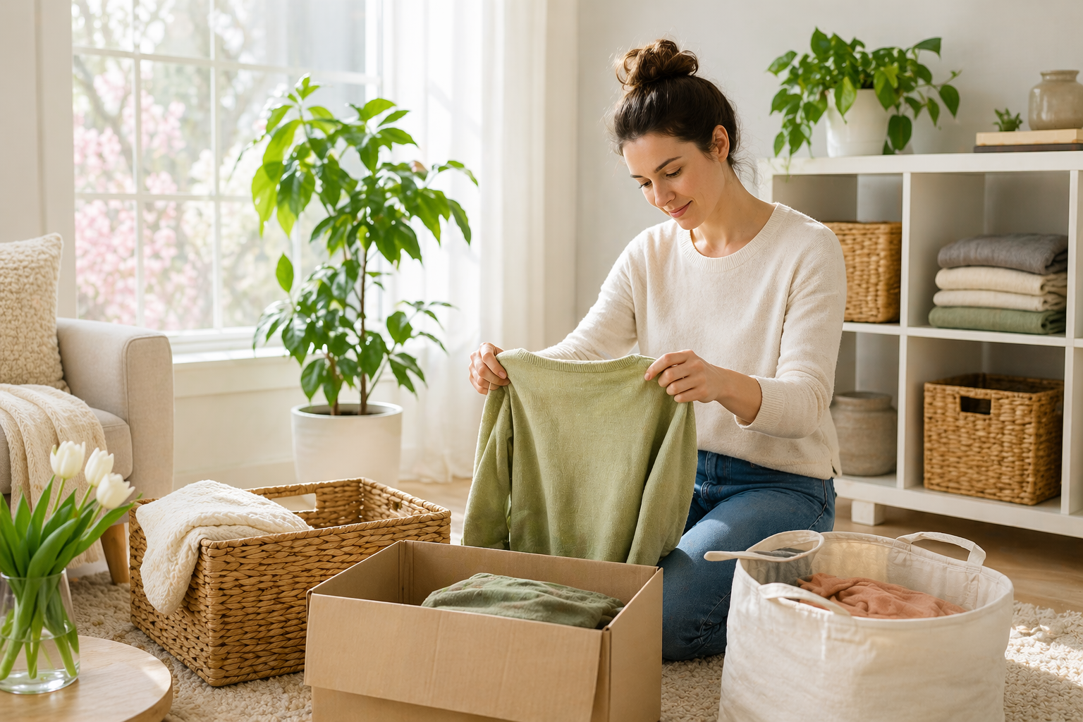 a woman decluttering