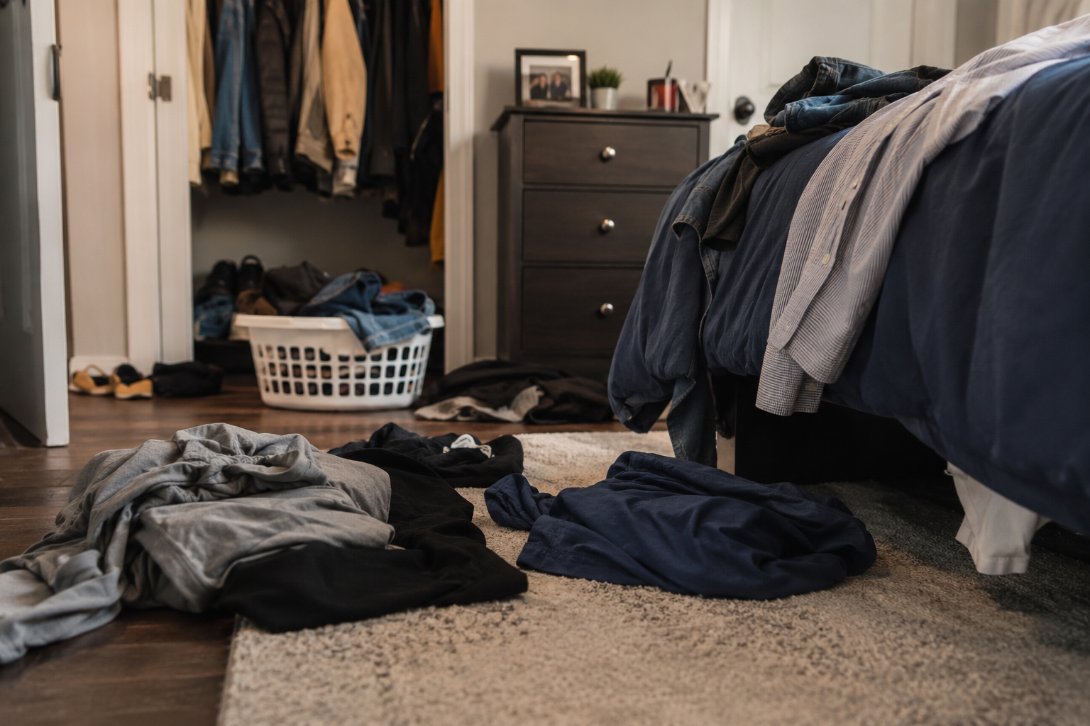 a floor covered in clothes