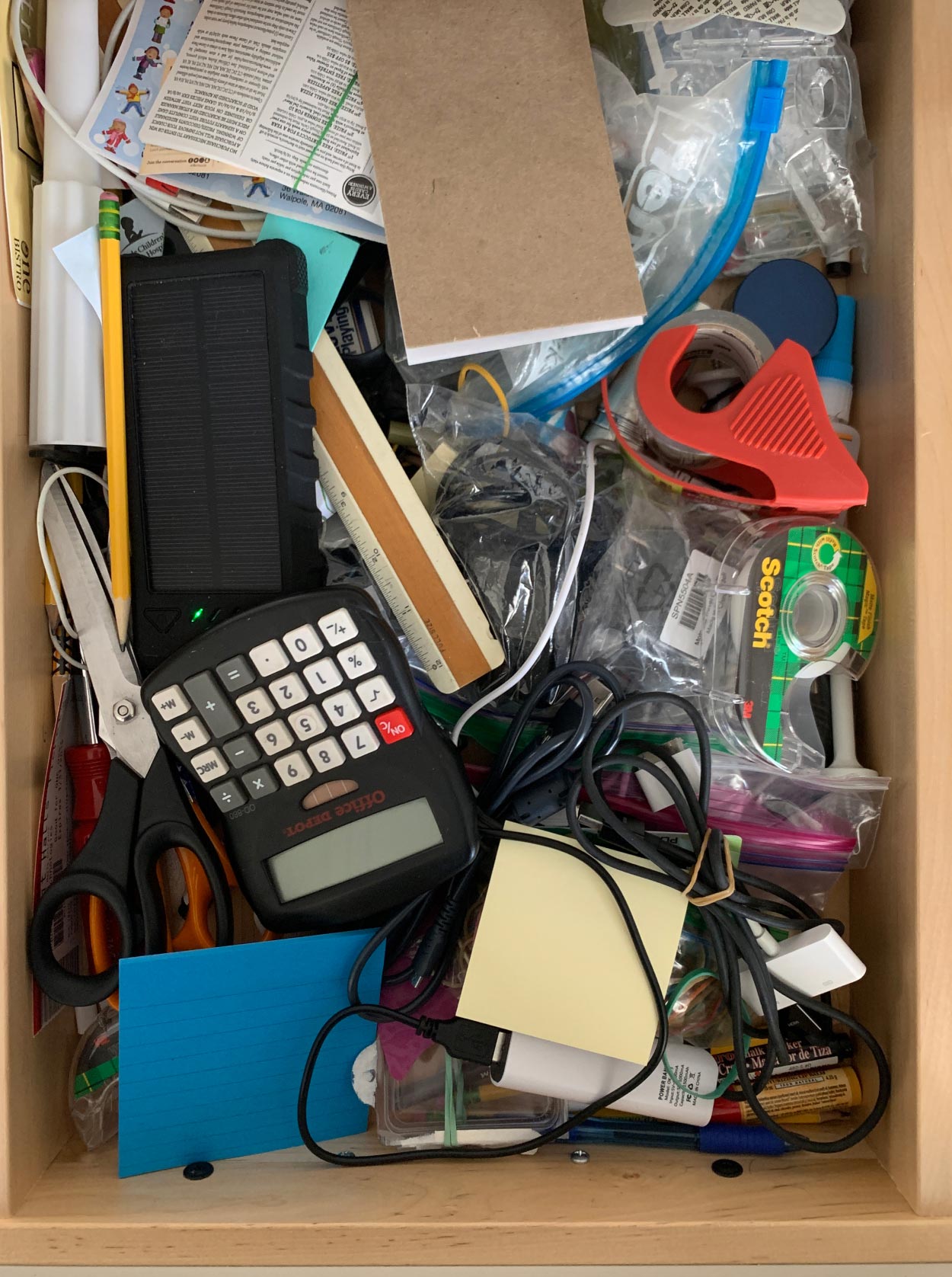 a messy junk drawer